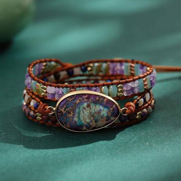Women Boho Handmade Natural Stone Crystal Leather Bead Wrap Bracelets Collection - Picture 5 of 7